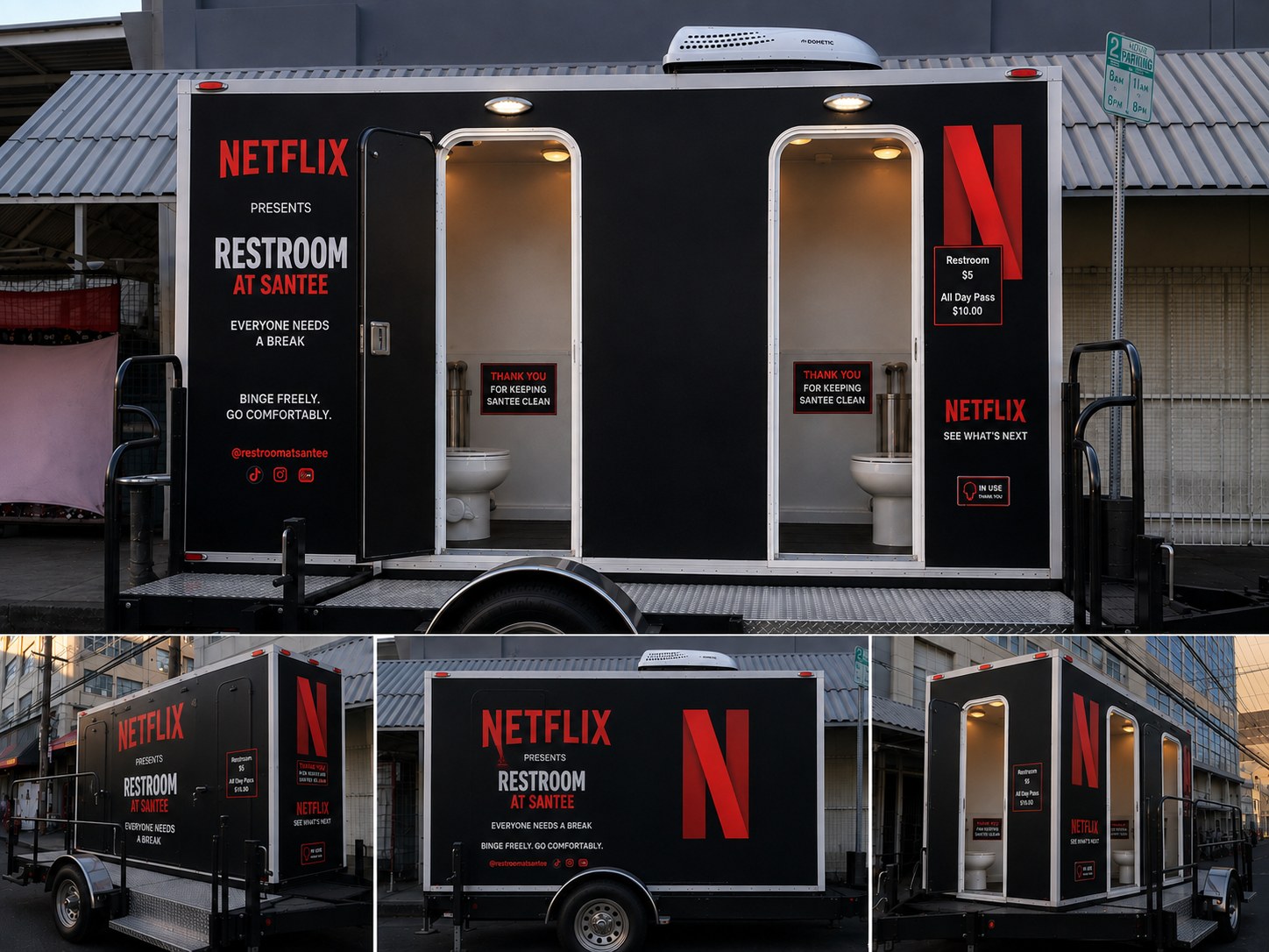 Conceptual design: the restroom trailer shown with an illustrative black streaming-brand exterior takeover. Unaffiliated concept.