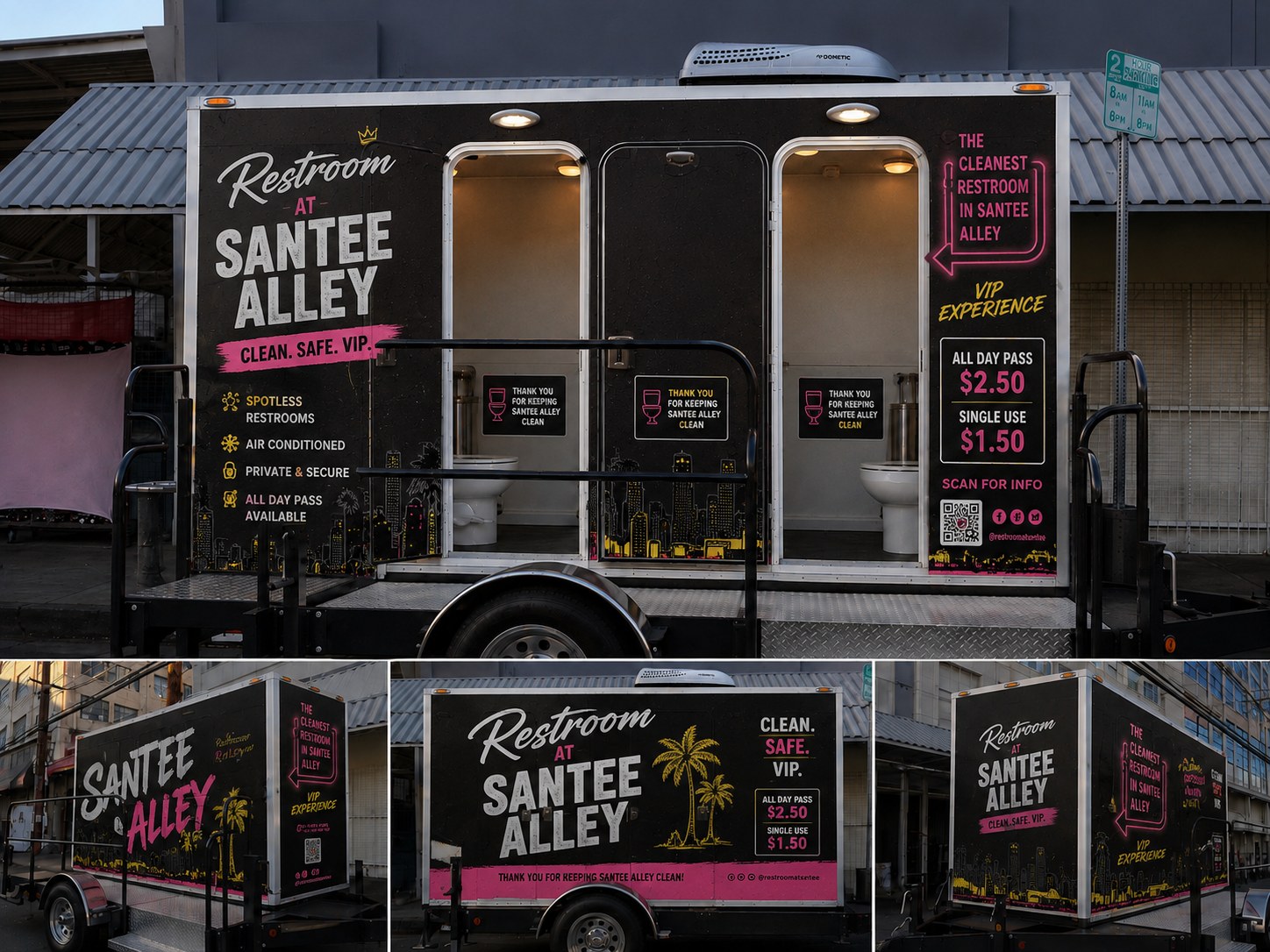 Conceptual design: the Restroom At Santee trailer in its black, warm white, hot pink and gold house wrap, shown from several angles.