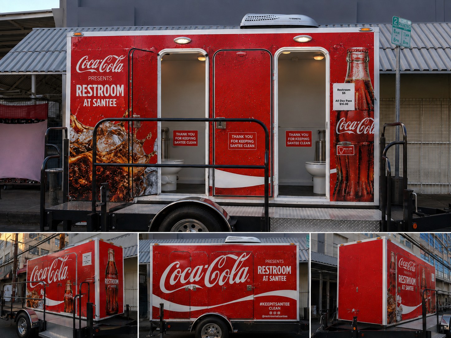 Conceptual design: the restroom trailer shown with an illustrative red beverage-brand exterior takeover. Unaffiliated concept.