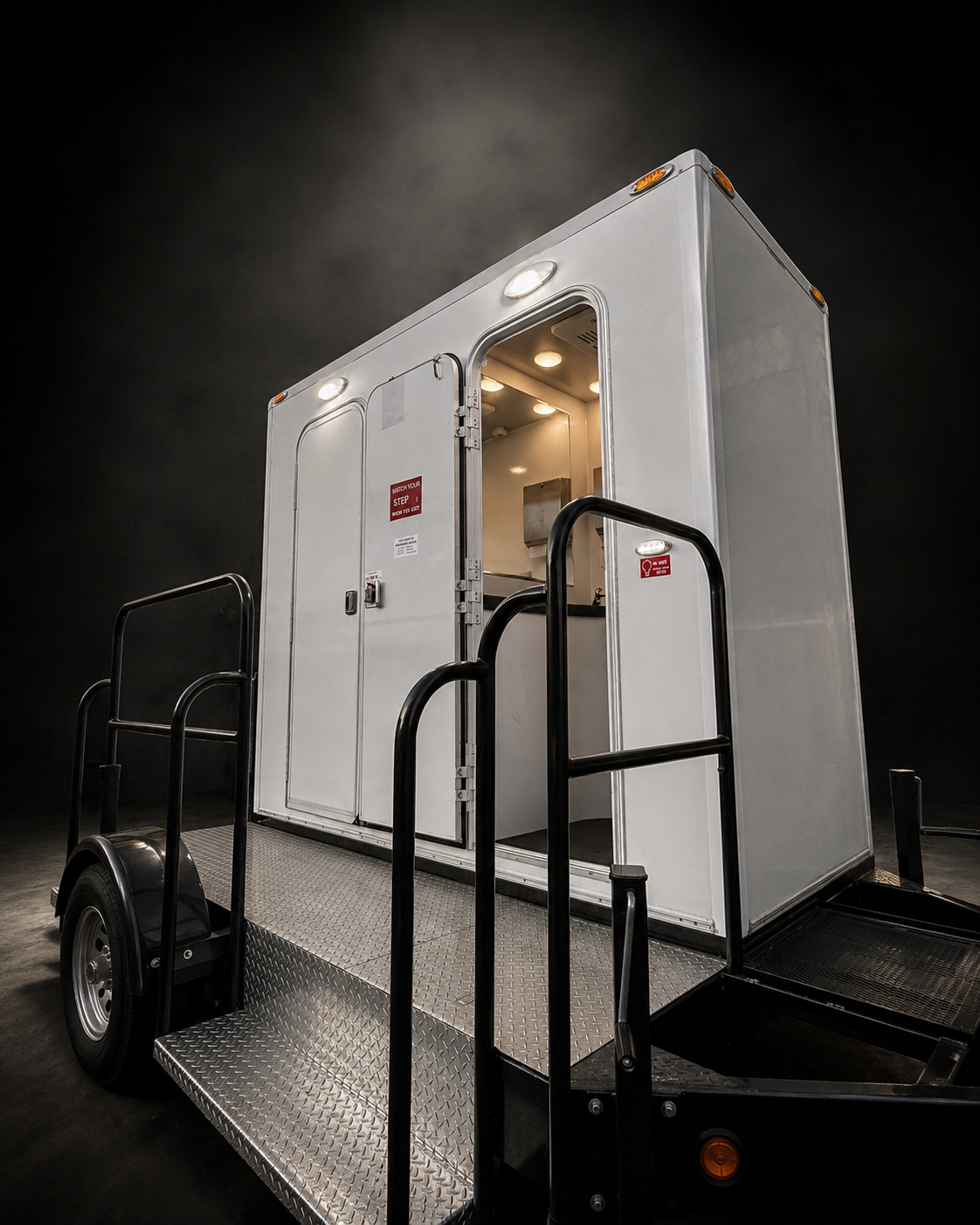 White Restroom at Santee rental trailer with entry rails and steps deployed, photographed in a dark studio.